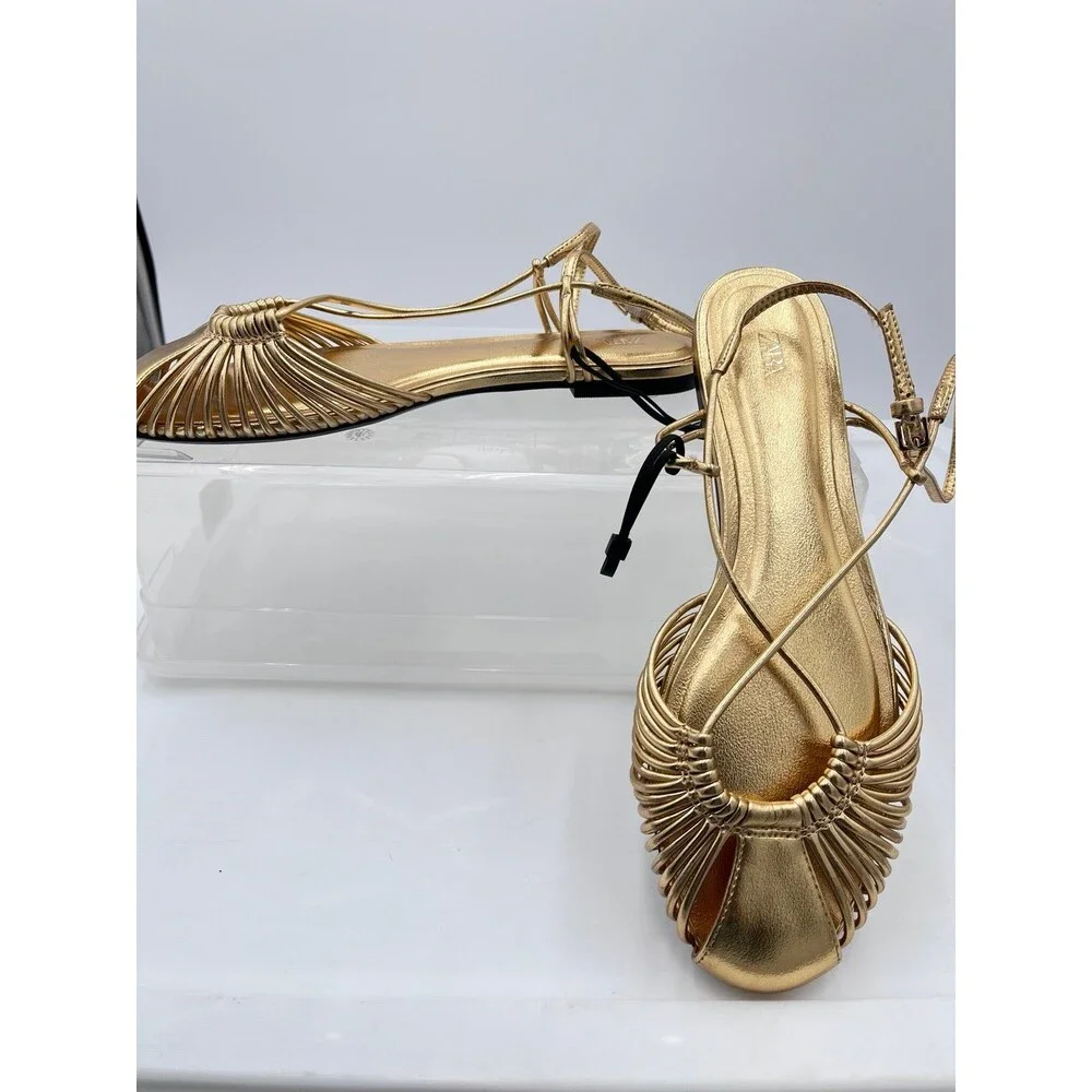 ZARA NWT Gold Strappy Flat Sandals Size 38 Metallic Cage Style Strappy - Picture 3 of 5